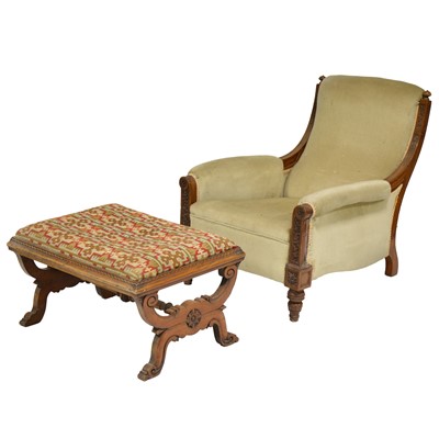 Lot 425 - Victorian walnut framed easy chair with a mahogany framed X-stool