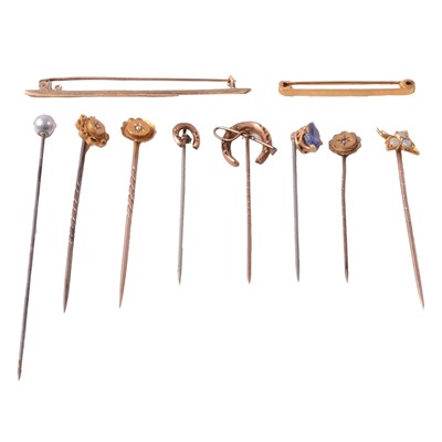 Lot 347 - Two bar brooches, and eight stick pins.