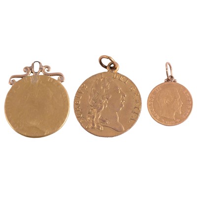 Lot 275 - A Spade Guinea (worn), two other coins.