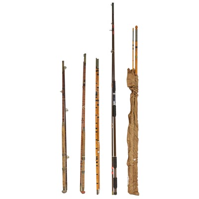 Lot 138 - Quantity sea fishing and river fishing rods, reels, creel, etc