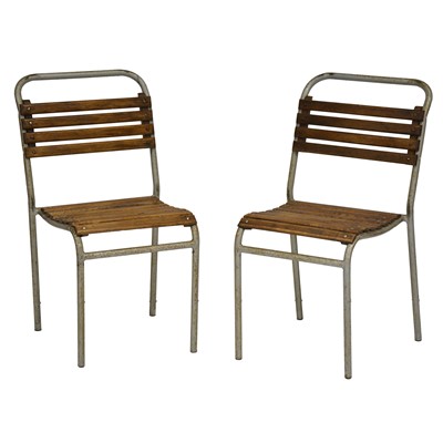 Lot 70 - Pair of steel-tubular and slatted wood chairs