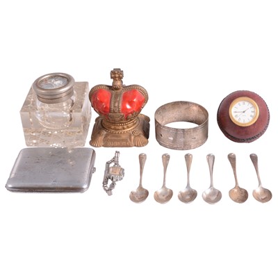 Lot 163 - A silver bangle, silver coffee spoons, two sets of xylonite handled knives.