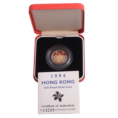 Lot 279 - A 1994 Hong Kong Gold Proof and Bi-Metallic $10 Coin.