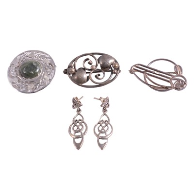 Lot 352 - A Scandinavian brooch, Mackintosh style brooch and earrings.