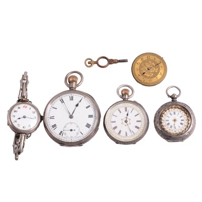 Lot 338 - An open face pocket watch, two fob watches, wristwatch, dial