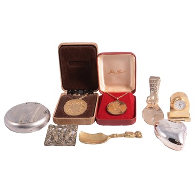 Lot 162 - A collection of dress studs, Churchill clock, Mother-of-pearl pill box, etc etc.two silver pendants and chains.