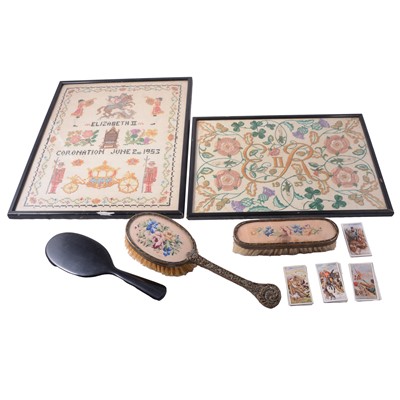 Lot 99 - Two embroidered Coronation 1953 samplers; dressing table set; etc