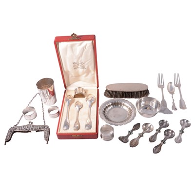 Lot 221 - Georgian and later flatware, napkin rings, brush, and white metal items.