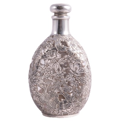 Lot 194 - Continental white metal overlaid triform Gluck decanter