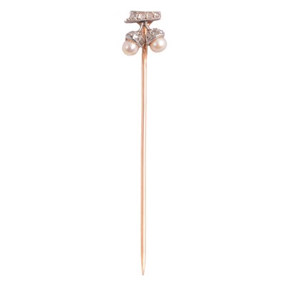 Lot 346 - A French gold stick pin set with pearls and diamonds.