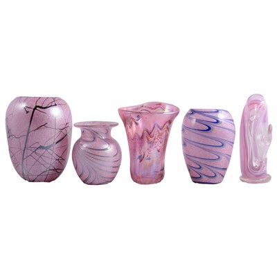 Lot 21 - Iridescent art glass vase by Kris Heaton, and four other art glass vases