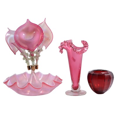 Lot 28 - Victorian glass epergne, and other cranberry spill vases