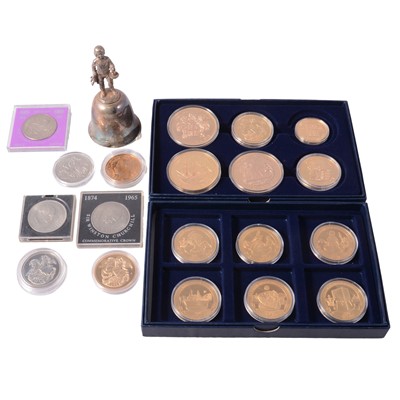 Lot 183 - Collection of commemorative coins and medals, and silver-plated hand bell.
