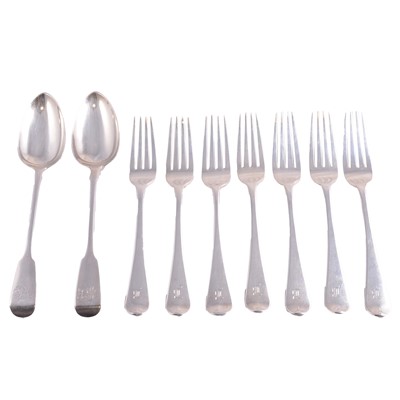 Lot 222 - Pair of Georgian silver tablespoons, maker's mark rubbed, London 1818, and other Georgian flatware.