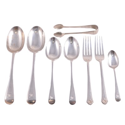 Lot 225 - Set of six dessert spoons and forks, Cooper Brothers & Sons Ltd, Sheffield 1956, and other flatware.