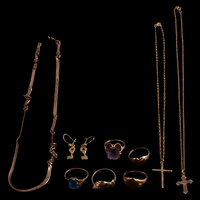 Lot 304 - Gold / Yellow metal gemset rings, pendants, chains, and earrings.