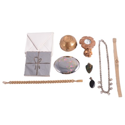 Lot 553 - A collection of white metal, and costume jewellery, compact, handbag mirrors, and wristwatch.
