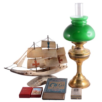 Lot 111 - Lacquered brass oil lamp, playing cards, models, etc
