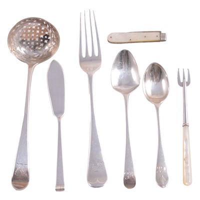 Lot 218 - Georgian silver sifter spoon, George Smith (III) & William Fearn, London 1796, and other flatware.