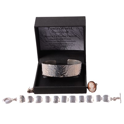Lot 498 - A silver bracelet, pewter cuff bangle, pair of gemset earrings, and carved shell cameo ring.