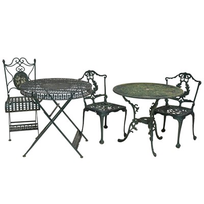 Lot 537 - Five piece cast metal patio set, additional folding table and chair