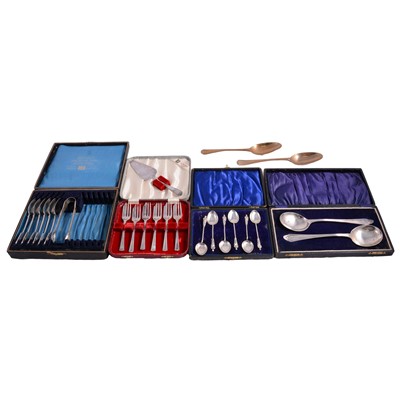 Lot 206 - Set of six silver fiddle pattern teaspoons, and other silver and brass cutlery