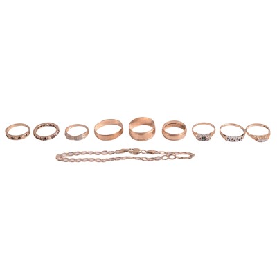 Lot 331A - Three 9ct gold wedding bands, bracelet and dress rings