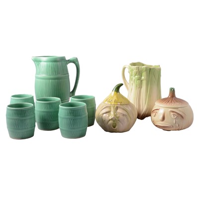 Lot 30 - Sylvac Pottery barrel jug and tankards, two onion jars, and a celery jug