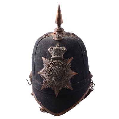 Lot 124 - Victorian Royal Military Academy Sandhurst Officer Cadets blue cloth helmet, 1878 pattern