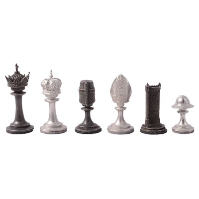 Lot 205 - Italian leather chessboard with a cast pewter chess set