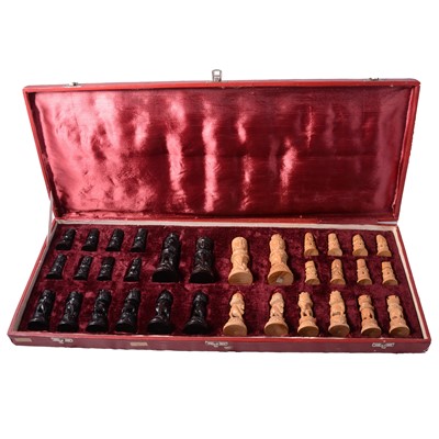 Lot 211 - Indian mid-century carved camphor wood chess set, cased