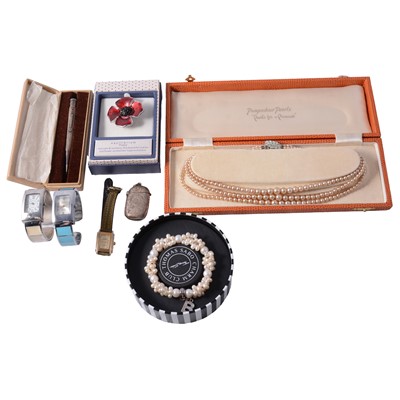 Lot 557 - A collection of silver, white metal and costume jewellery, cultured pearls, and wristwatches.