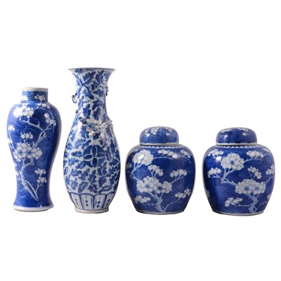 Lot 25 - Chinese blue and white glazed Prunus vase, similar pair of ginger jars, and another Chinese vase