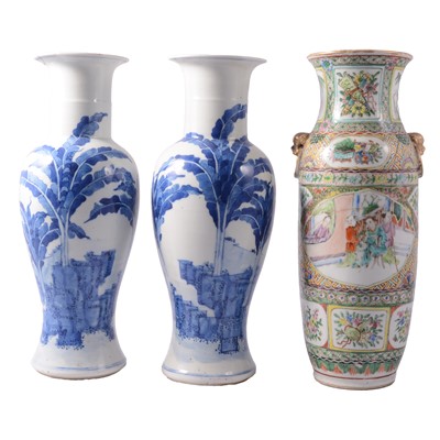 Lot 18 - Pair of Chinese blue and white porcelain vases, and a Cantonese vase