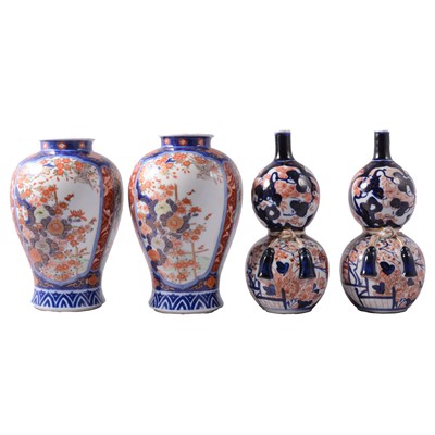 Lot 19 - Pair of Imari double-gourd vases, and another pair of Imari wares vases