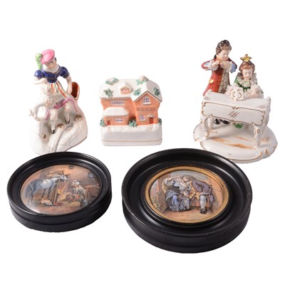 Lot 16 - A Dresden figure group, three Staffordshire groups and two pot lids.