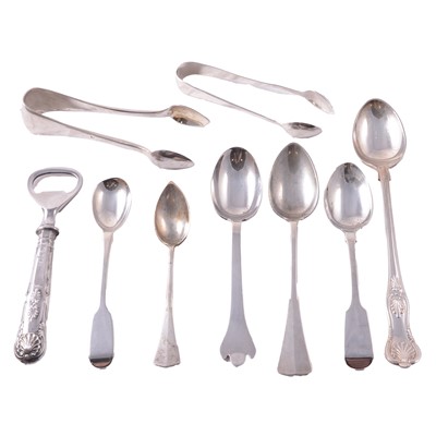 Lot 239 - A collection of silver and white metal spoons, tongs and bottle opener.
