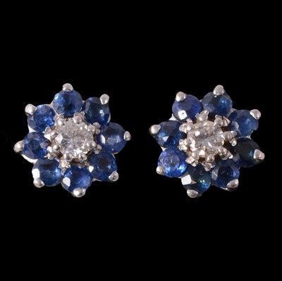Lot 183 - A pair of sapphire and diamond cluster earstuds.