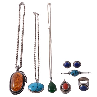 Lot 336 - A collection of modern silver jewellery, heat treated amber, turquoise, lapis lazuli.