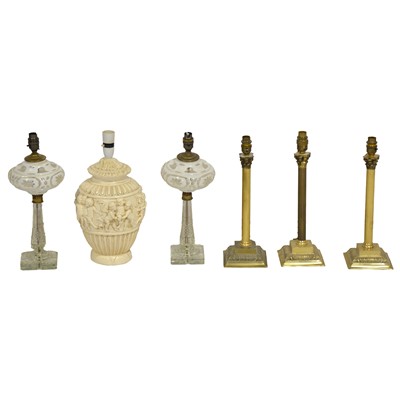 Lot 151 - Pair of composite table lamps, and four other lamps