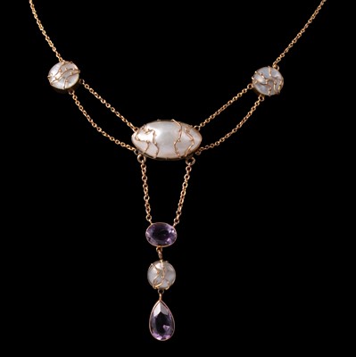 Lot 259 - An Art Nouveau design pearl and amethyst necklace.