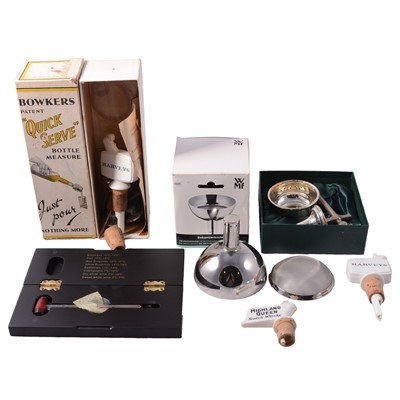 Lot 131 - Two wine funnels, wine thermometer, and quantity of pouring stoppers