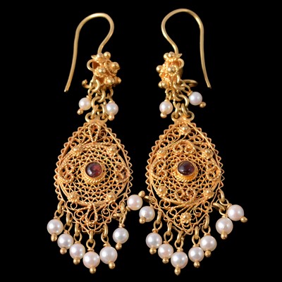 Lot 185 - A pair of filigree drop earrings with small pearl drops.