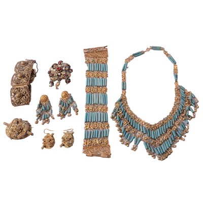 Lot 531 - Egyptian cylindrical bead necklace, bracelet and earrings, other filigree and cast metal jewellery.