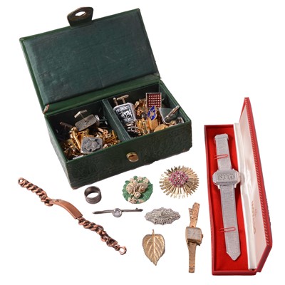Lot 547 - Coin bracelet, white metal and costume jewellery, wristwatches, cufflinks, tie clips, and pins.