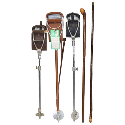 Lot 116 - Three shooting sticks; two walking sticks; riding crop; and riding hat