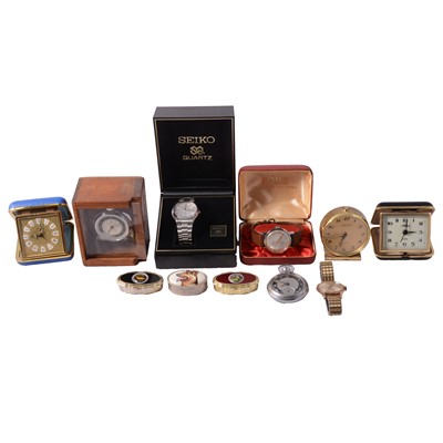 Lot 454 - A collection of wristwatches, pocket watches, alarm clocks, and pill boxes.