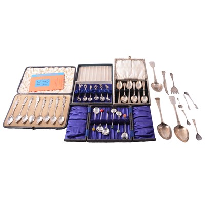 Lot 243 - Georgian silver tablespoon, James Tookey, London, no date letter, and other flatware.