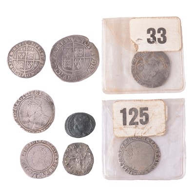 Lot 189 - Henry VIII posthumour penny, six Elizabeth I coins, Roman coin, and replica Roman coin.