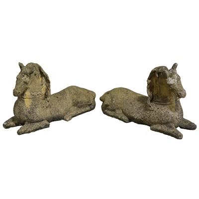 Lot 398 - Pair of concrete garden statues of recumbent horses